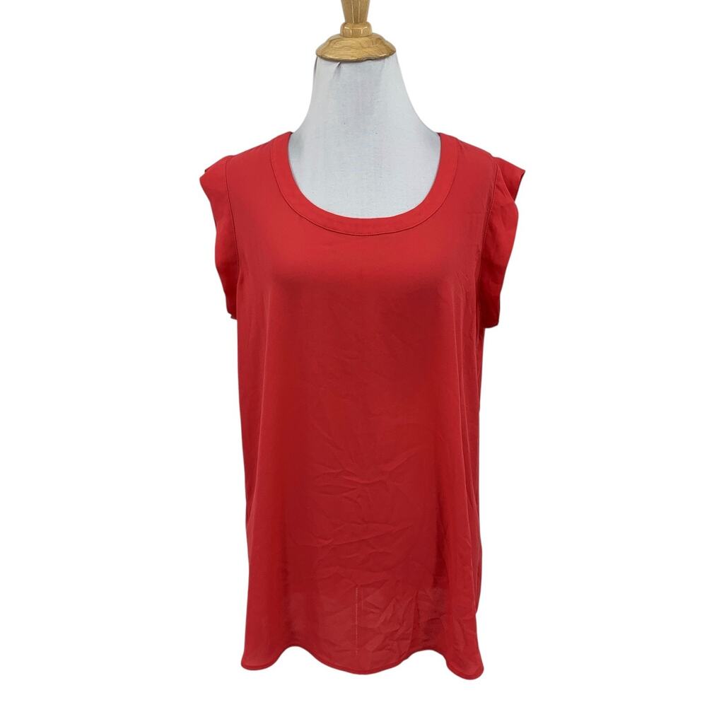 Pleione Top Womens M Medium Red Pleat Back Round Neck Cap Sleeve Blouse
